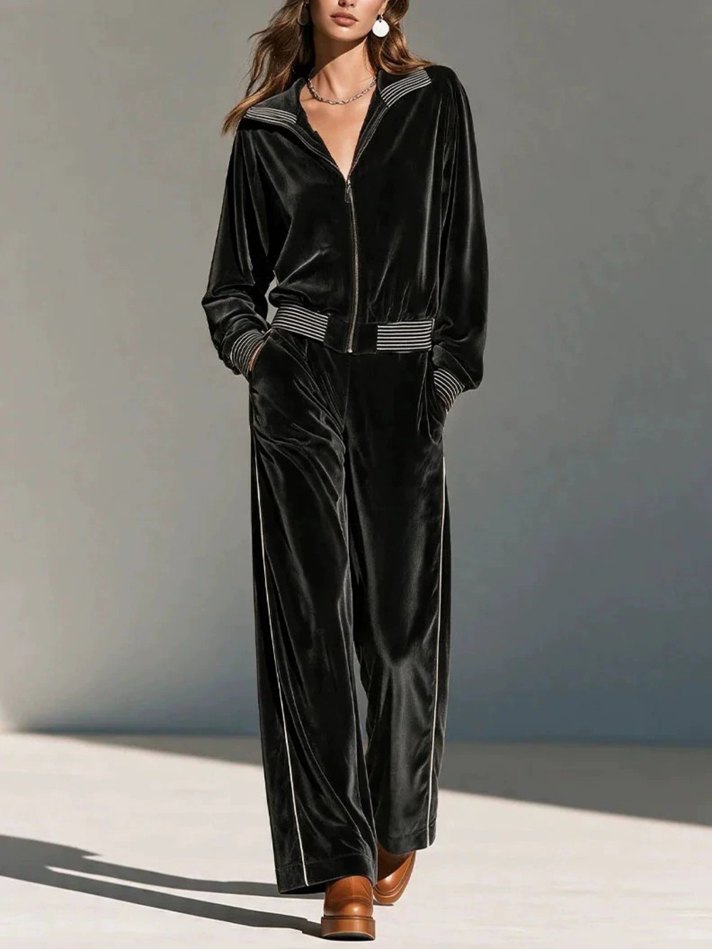 ZARA Black Velvet Stripe Zip Jacket & Wide Leg Pants Set